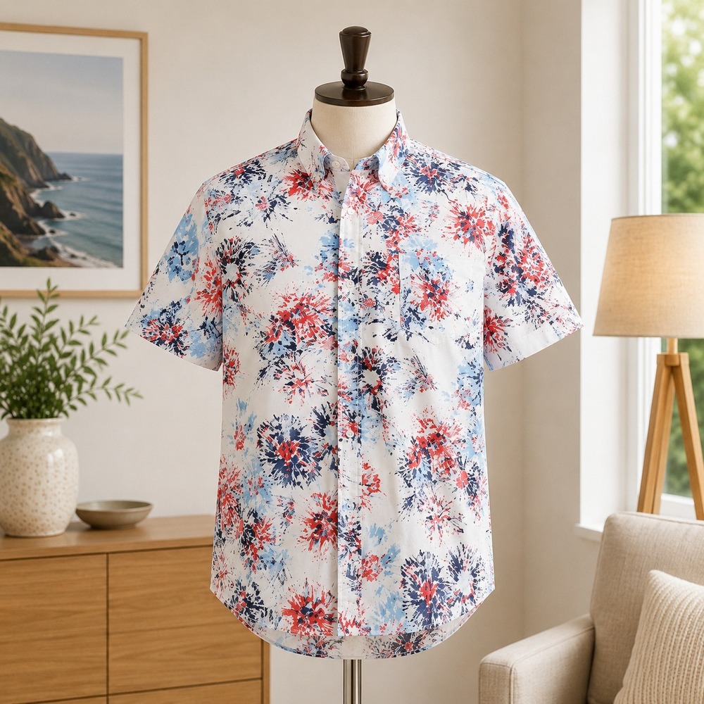 Argyleculture Button Down Shirt Mens Medium White Red Blue Firework Print Casual